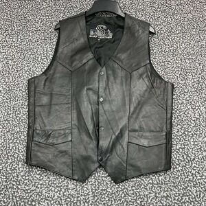 Shaf Leather Vest Men 46 Black Motorcycle Button Up‎ Pocket Adult Outdoor
